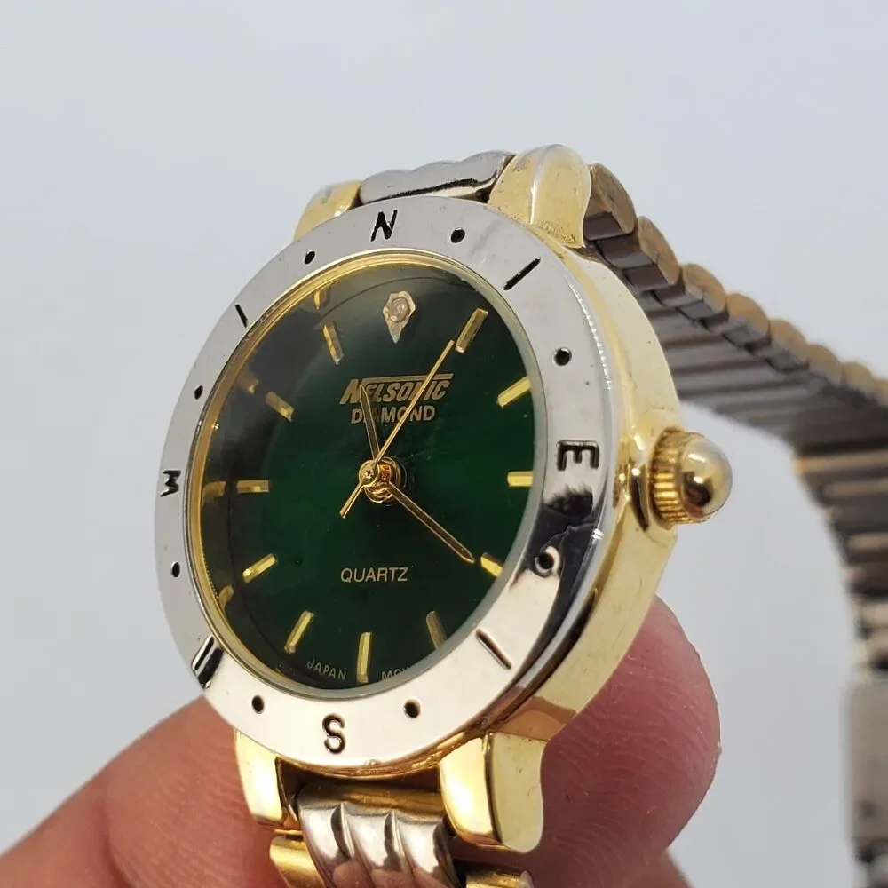 Nelsonic Diamond Women's Watch 25MM Green Dial Two Tone‎ Bands 7.5